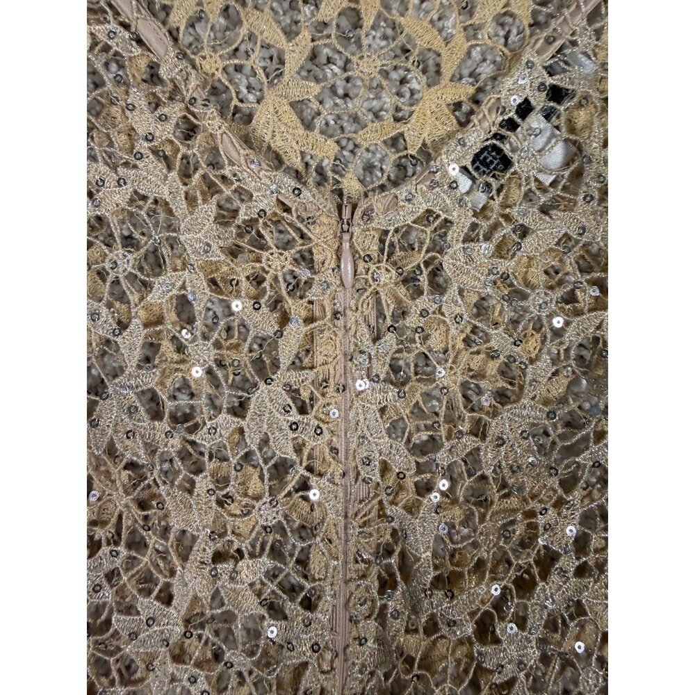 Kay Unger Gold Lace Sequin Sheer Overlay Dress 3/4 Sleeve Cocktail Formal - Picture 7 of 9